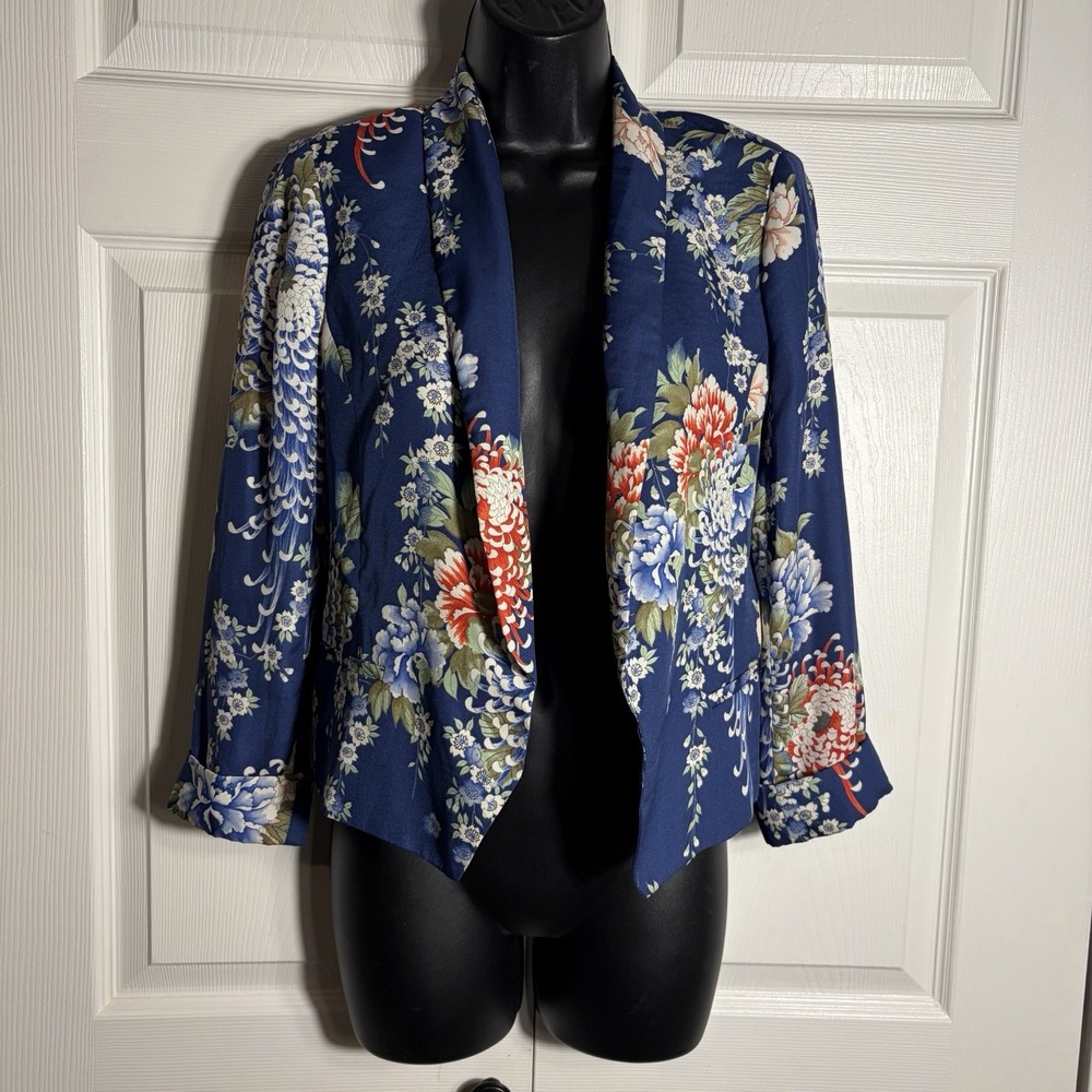 Zara Women Floral Open Front Blazer Women XS Blue Asian Botanical Peony Print